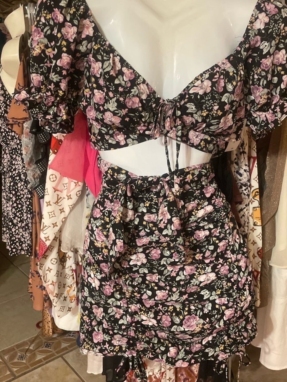 SHEIN Black Mini Skirt with Pink Floral Print